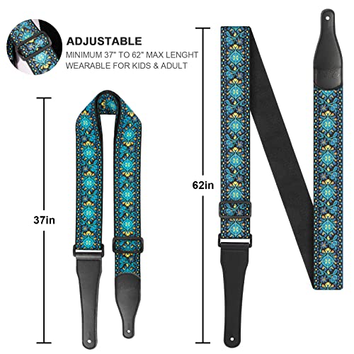 BestSounds Guitar Strap, Jacquard Embroidered Cotton Straps with Genuine Leather Ends Shoulder Strap for Bass, Acoustic, Electric Guitar (Retro Teal) - Image 3