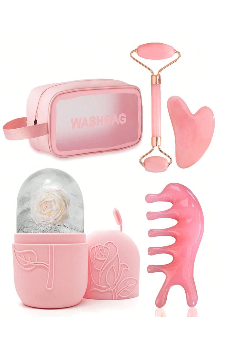 Generic Facial Ice Cylinder Set – A 5-piece set that includes facial massage and contouring tools, an ice cylinder, a scalp massage comb to stimulate hair growth, and a convenient storage bag. A complete set in a feminine pink color that adds a special touch to your skincare routine - Image 1