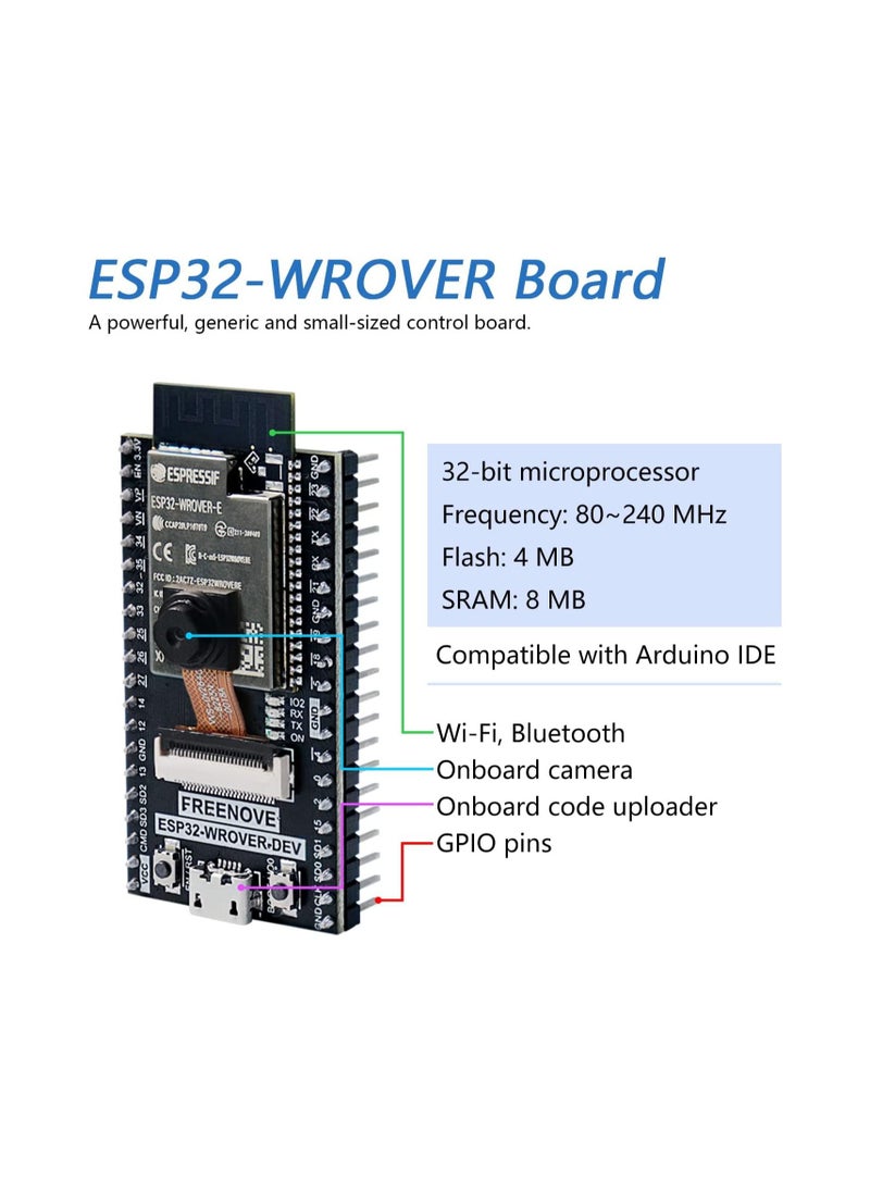 FREENOVE - 4WD Car Kit for ESP32 WROVER (Included) (Compatible with Arduino IDE) Camera Dot Matrix Expressions Obstacle Avoidance Line Tracking Light Tracing Colorful Light Remote App - Image 1