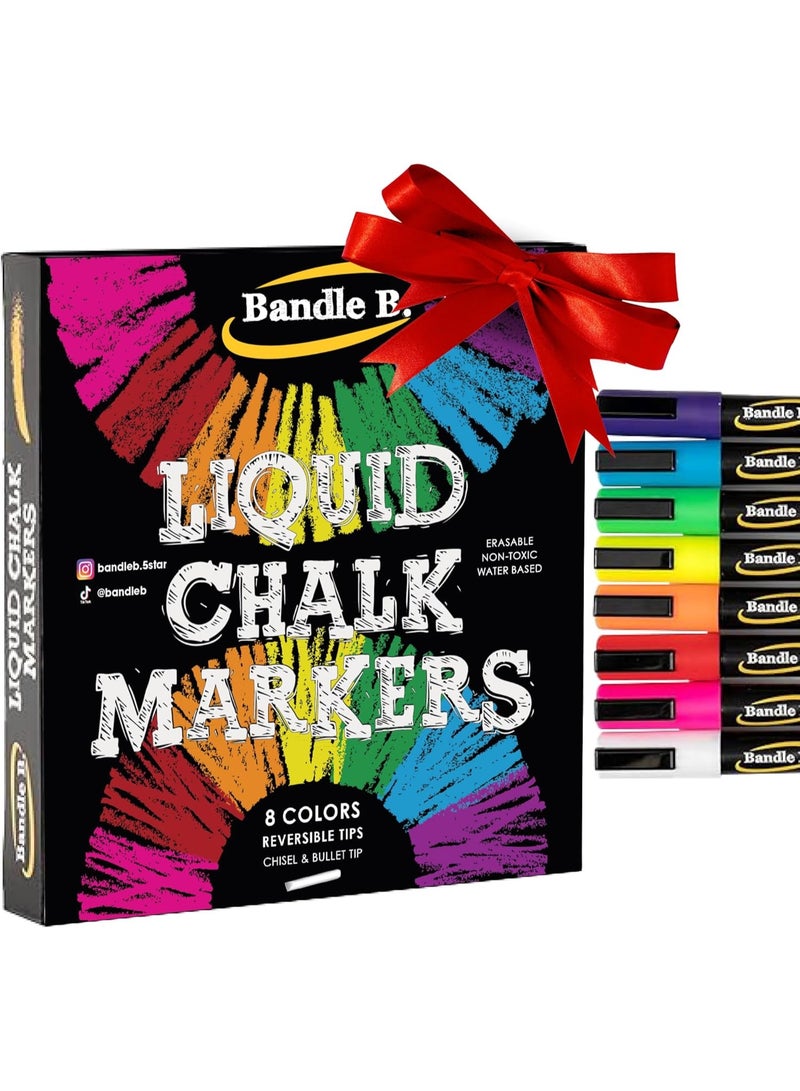 Bandle B. Chalk Markers - 8 Vibrant, Erasable, Non-Toxic, Water-Based, Reversible Tips, For Kids & Adults for Glass or Chalkboard Markers for Businesses, Restaurants, Liquid Chalk Markers (Vibrant 6mm)
