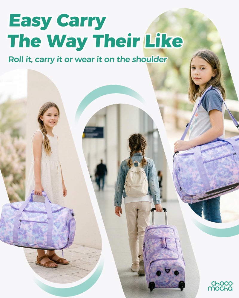 Choco Mocha Girls Suitcase with Wheels, Kids Rolling Duffle Bag Luggage for Travel 22inch, Tie Dye Purple - Image 5