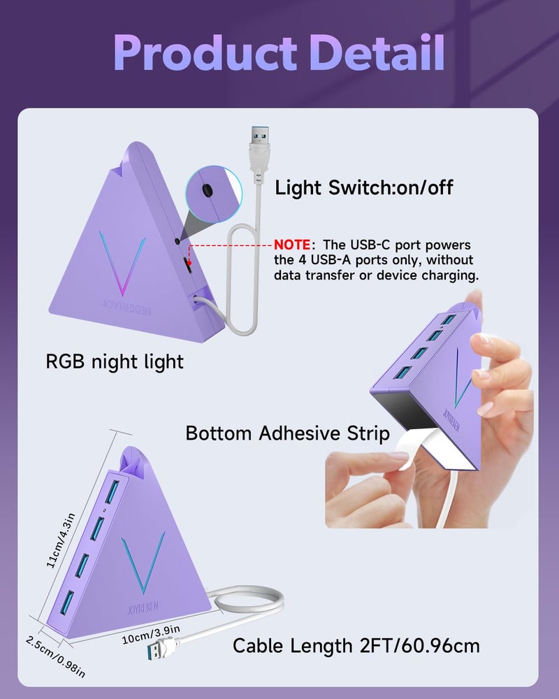JoyReken 4-Port USB 3.0 Hub Tower with 2ft Cable - USB Splitter for Laptop,PC,PS4,PS5,Xbox,Mouse,Keyboard,Hard Drives,Mobile HDD(Light Purple) - Image 3