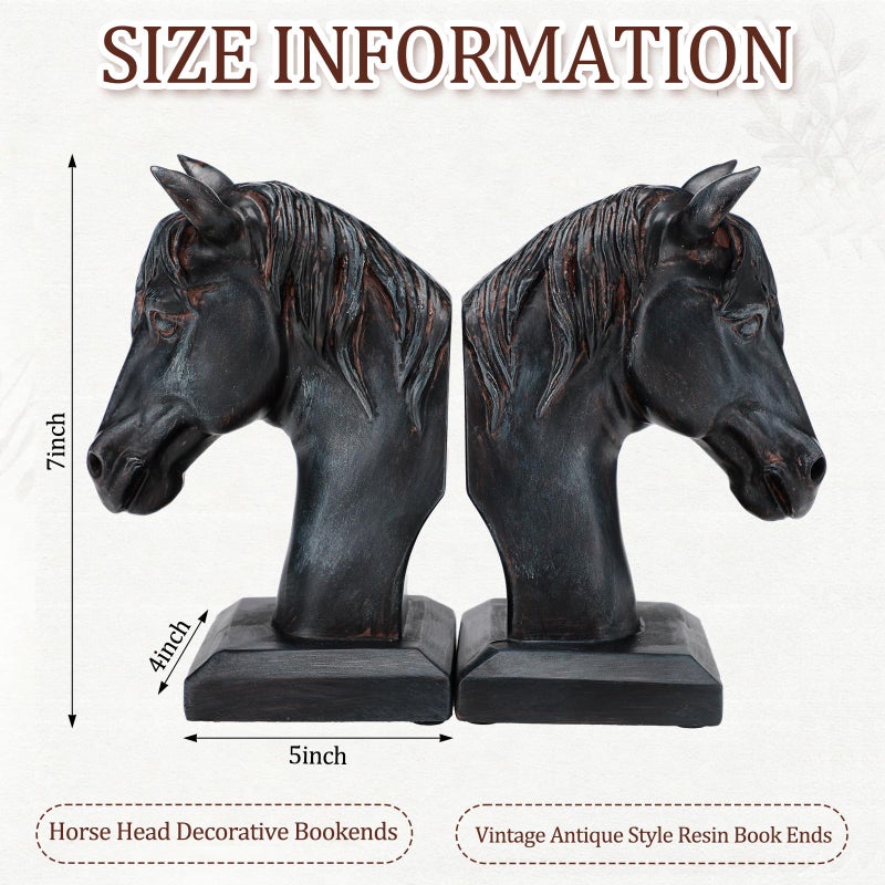 Tosstuki Set of 2 Horse Head Bookends Brown Antique Heavy Duty Book Ends Resin Decorative Art Bookends for Derby Day Vintage Home Office Desk Decoration Horse Lovers Gifts - Image 2