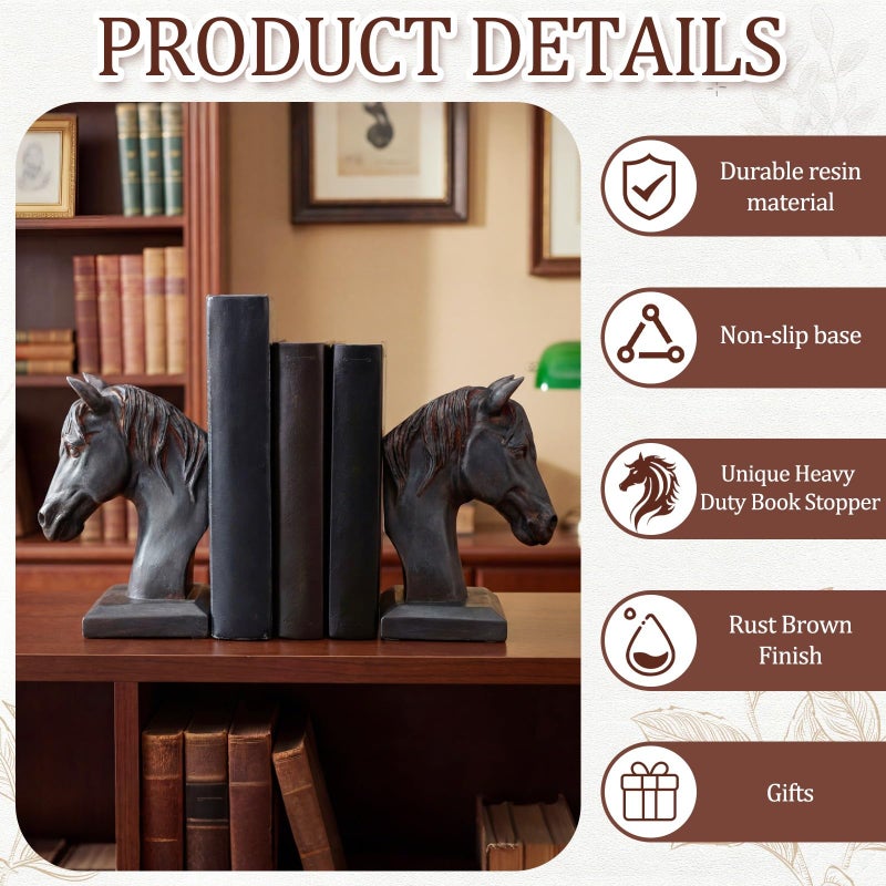 Tosstuki Set of 2 Horse Head Bookends Brown Antique Heavy Duty Book Ends Resin Decorative Art Bookends for Derby Day Vintage Home Office Desk Decoration Horse Lovers Gifts - Image 3