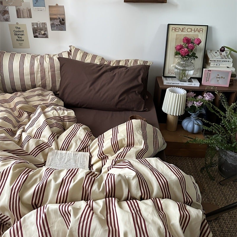 Retro Minimalist Nordic Style Striped Duvet Cover Three-Piece Set, Duvet Cover + 2 Pillowcases, Softer, More Skin-Friendly, More Breathable Duvet Cover Bedding, Suitable for All Seasons - Image 2