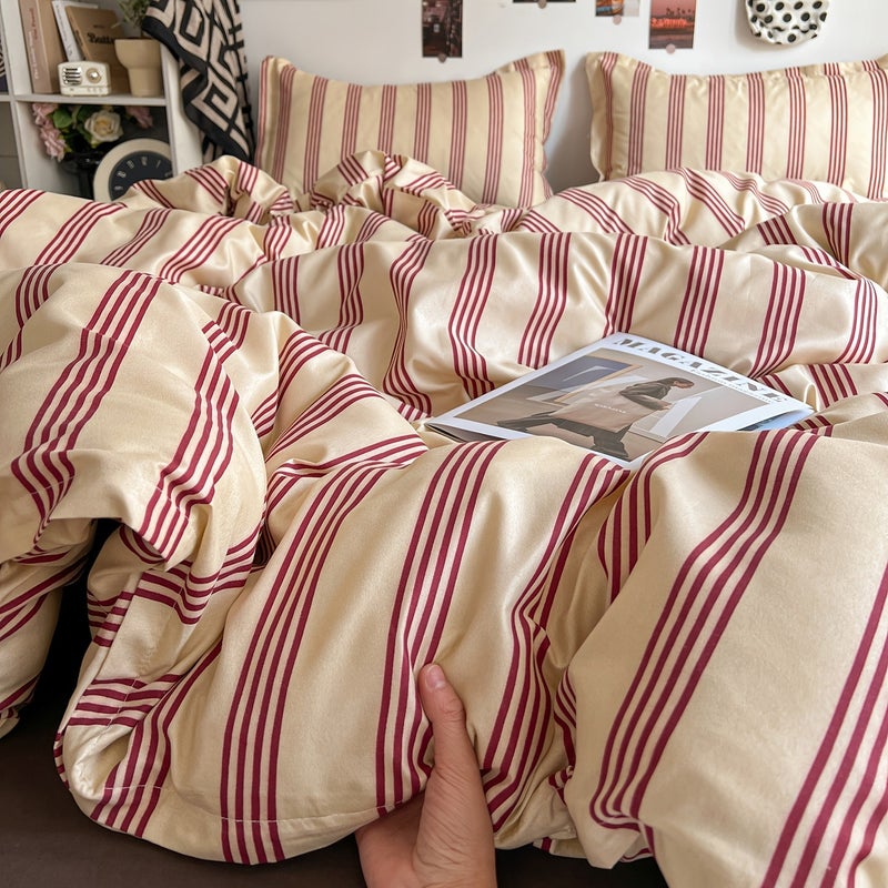 Retro Minimalist Nordic Style Striped Duvet Cover Three-Piece Set, Duvet Cover + 2 Pillowcases, Softer, More Skin-Friendly, More Breathable Duvet Cover Bedding, Suitable for All Seasons - Image 1