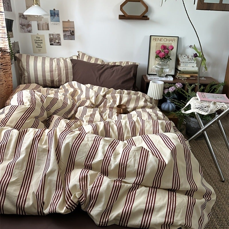 Retro Minimalist Nordic Style Striped Duvet Cover Three-Piece Set, Duvet Cover + 2 Pillowcases, Softer, More Skin-Friendly, More Breathable Duvet Cover Bedding, Suitable for All Seasons - Image 4