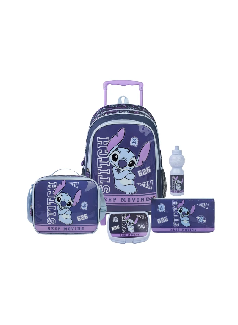 ديزني Disney Stitch 5-in-1 Kids Trolley School Set 18" | Rolling Backpack, Lunch Bag, Lunch Box, Water Bottle & Pencil Case  | Water Resistant  | Boys & Girls School Bag