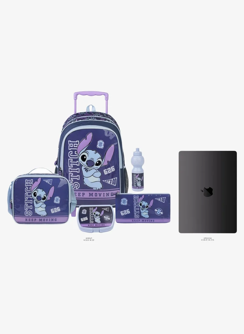 ديزني Disney Stitch 5-in-1 Kids Trolley School Set 18" | Rolling Backpack, Lunch Bag, Lunch Box, Water Bottle & Pencil Case  | Water Resistant  | Boys & Girls School Bag