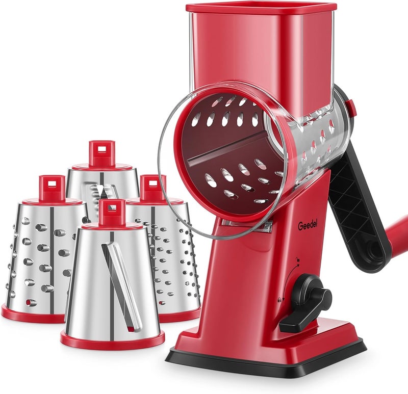 Geedel Rotary Cheese Grater - Upgraded Vegetable Shredder with 4 Interchangeable Blades, Easy to Clean Cheese Shredder with Handle, Kitchen Grater Nuts Grinder for Cutting Cheese, Vegetable, Nuts - Image 1