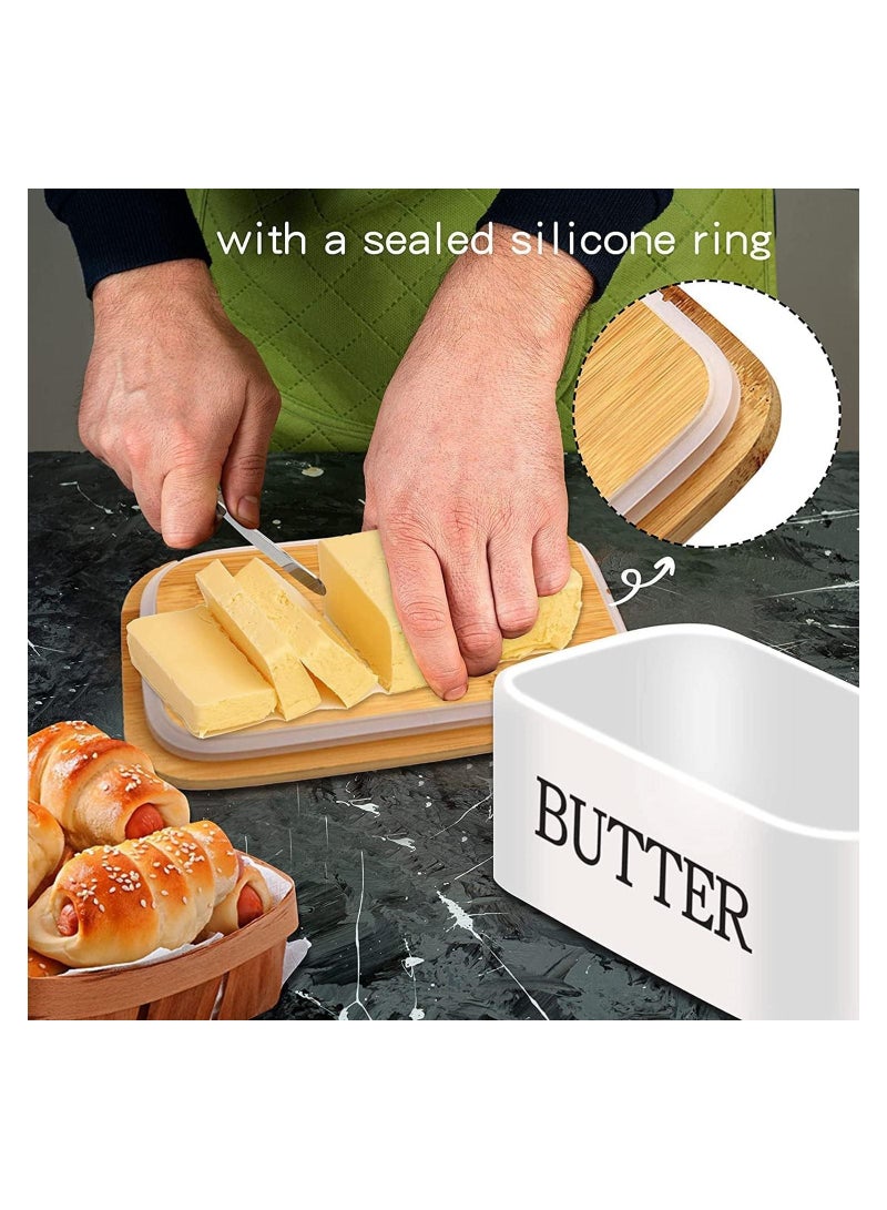 Ceramic er Dish with Wooden Lid and Knife, 650ML Ceramics Keeper Container, Box for er, Nuts, Cheese, White - Image 2