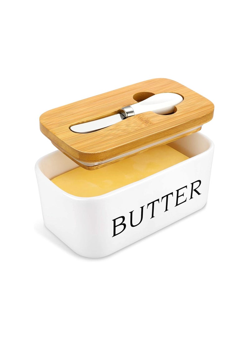 Ceramic er Dish with Wooden Lid and Knife, 650ML Ceramics Keeper Container, Box for er, Nuts, Cheese, White - Image 1
