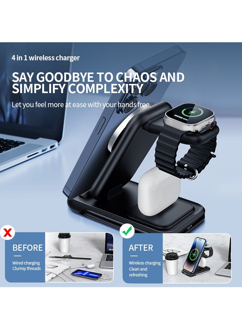 4 in 1 Wireless Charger iPhone Charging Station - Phone Charger Stand for Multiple Devices, Wireless Charging Station for iPhone 16/15/14/13/12/11/X, Apple Watches & for Airpods 4/3/2/Pro, Samsung/Huawei/Xiaomi, Black