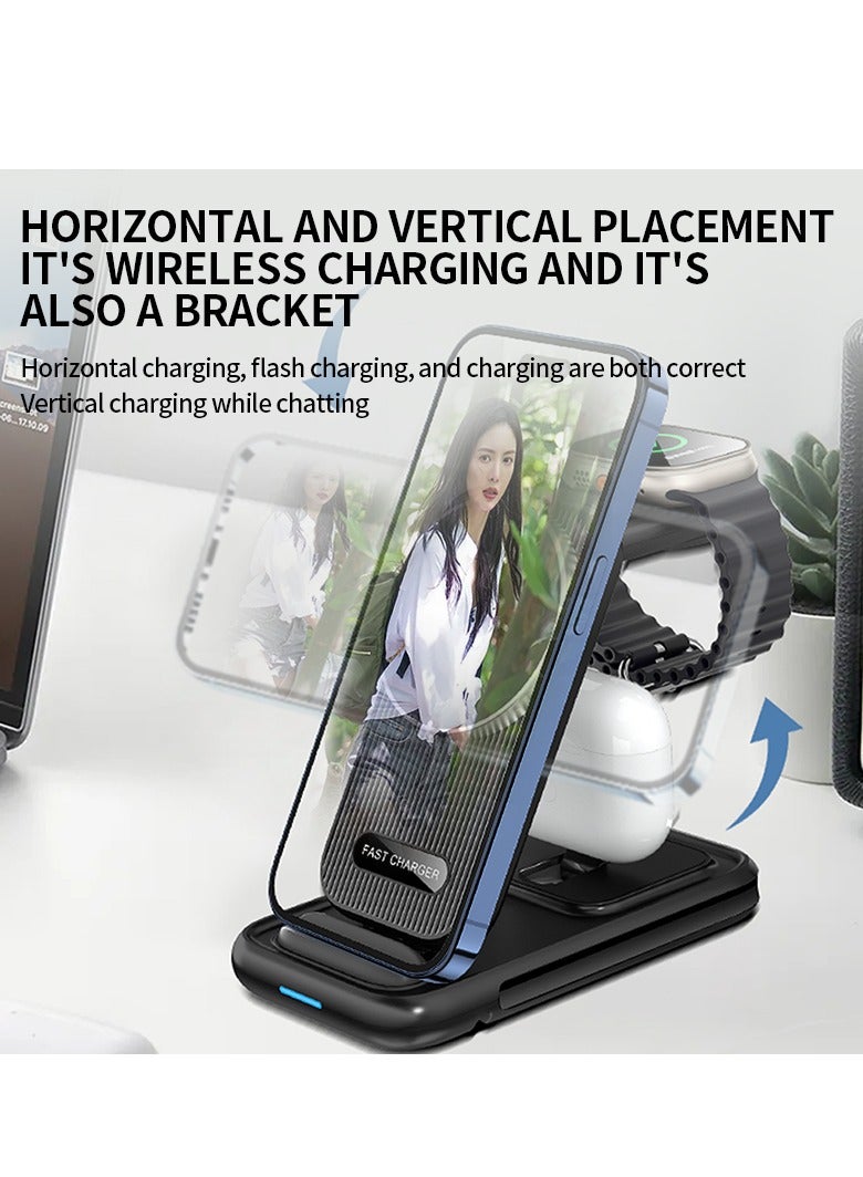 4 in 1 Wireless Charger iPhone Charging Station - Phone Charger Stand for Multiple Devices, Wireless Charging Station for iPhone 16/15/14/13/12/11/X, Apple Watches & for Airpods 4/3/2/Pro, Samsung/Huawei/Xiaomi, Black