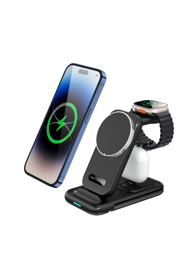 4 in 1 Wireless Charger iPhone Charging Station - Phone Charger Stand for Multiple Devices, Wireless Charging Station for iPhone 16/15/14/13/12/11/X, Apple Watches & for Airpods 4/3/2/Pro, Samsung/Huawei/Xiaomi, Black