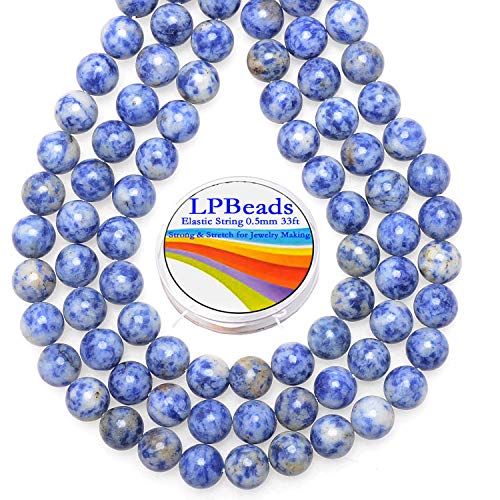 خرز LPBeads 80 قطعة مصقول 10 مم دائري من حجر الجاسبر الأزرق المنقط الطبيعي مع حبل مرن لصنع المجوهرات والأساور