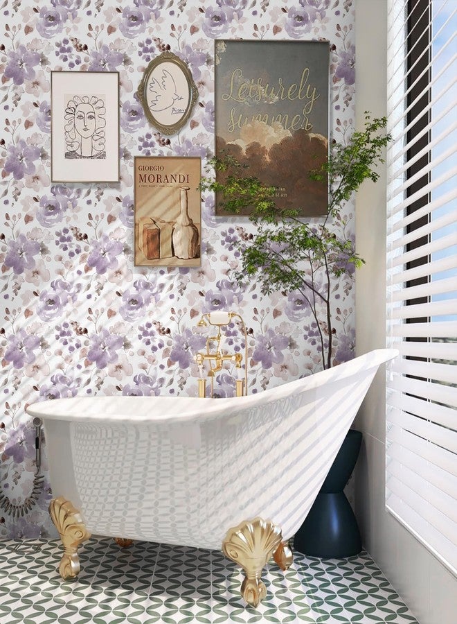 Toduso Peel and Stick Wallpaper Floral Wallpaper Purple/White Watercolor Contact Paper Self Adhesive Removable Wallpaper Shelves Liners Decorative Vinyl Roll 17.3''x78.7'' - Image 3