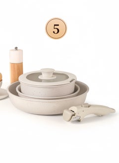 nihao 5-Piece Medical Stone Non-stick Cookware Set, Removable Frying Pan, Induction Cooker, Gas Stove PFOA Free, LEAD Free - Beige  - Image 1