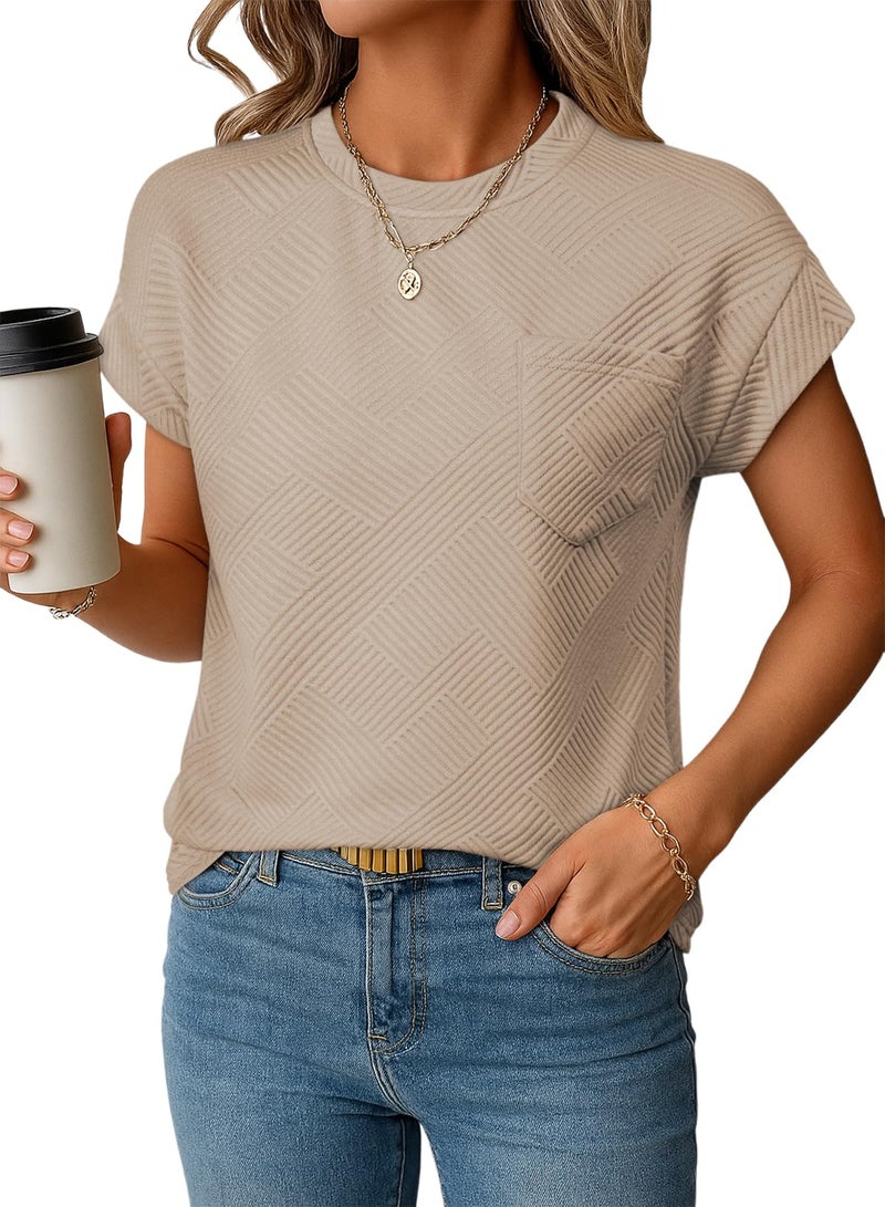 EVALESS Going Out Tops for Women 2026 Fashion Trendy Dressy Casual Summer Cap Short Sleeve Basic T Shirts Cute Solid Loose Textured Blouses Outfits,Taupe Large - Image 1