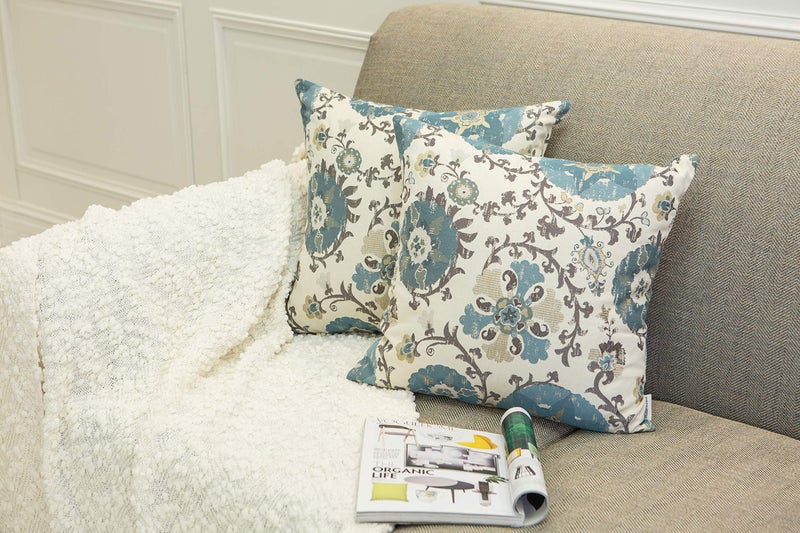 Mika Home Pack of 2 Jacquard Circle Floral Throw Pillow Shell Vintage Cushion Cover for 20X20 Inserts Cream Blue - Image 2