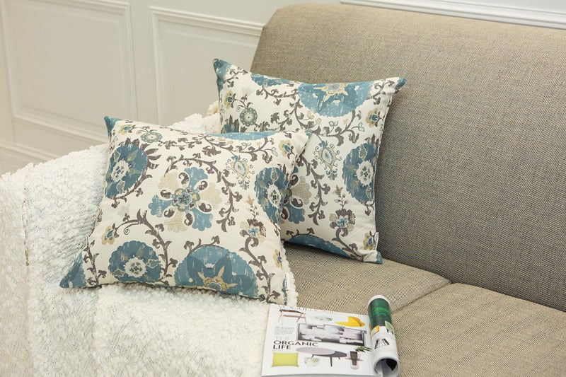 Mika Home Pack of 2 Jacquard Circle Floral Throw Pillow Shell Vintage Cushion Cover for 20X20 Inserts Cream Blue - Image 3