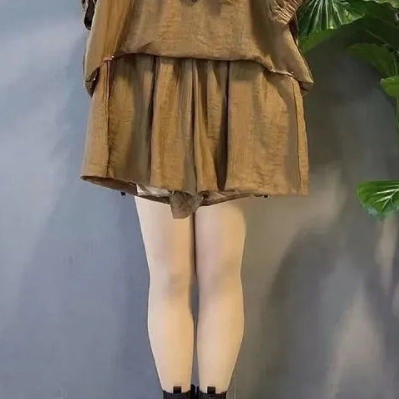 Plus Size 300kg Casual Fashion Hooded Top  Shorts Set for Women brown Single Shorts