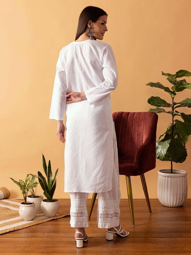 Ada Hand Embroidered Lucknow Chikankari Cotton Regular Fit Kurti Kurta Tunic for Women A342228 White (M) - Image 2