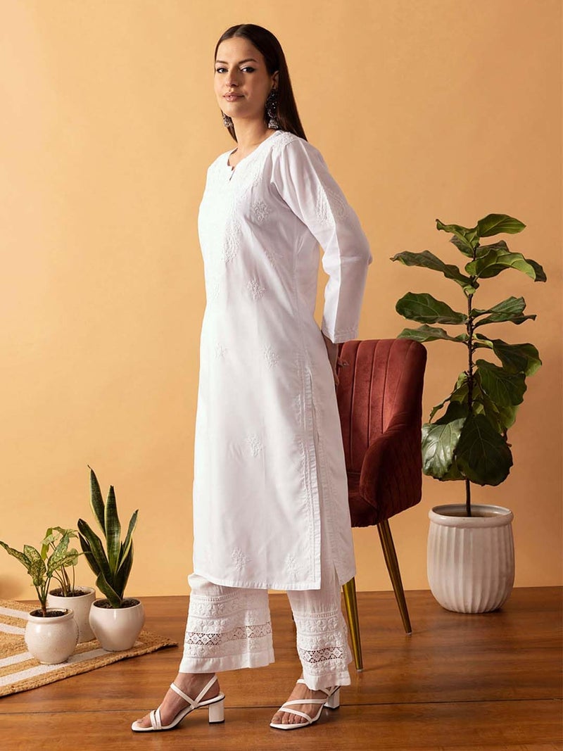 Ada Hand Embroidered Lucknow Chikankari Cotton Regular Fit Kurti Kurta Tunic for Women A342228 White (M) - Image 4