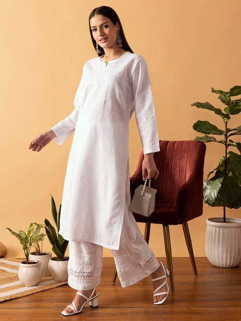 Ada Hand Embroidered Lucknow Chikankari Cotton Regular Fit Kurti Kurta Tunic for Women A342228 White (M) - Image 5