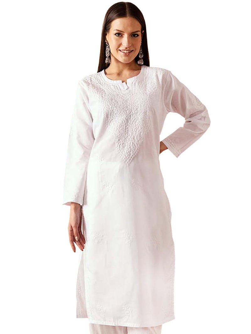 Ada Hand Embroidered Lucknow Chikankari Cotton Regular Fit Kurti Kurta Tunic for Women A342228 White (M) - Image 1