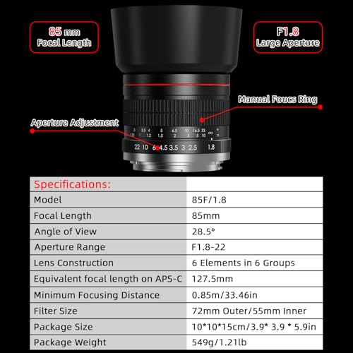 Lightdow EF 85mm f1.8 Portrait Lens - MF for Canon EOS Rebel T8i/T7i/T7/T6i/T5/T3i/T3/T2i/XSi/XS/SL3/SL2/T100/90D/80D/70D/50D/5D Mark IV/6D II/7D II/1D X III II-Manual Focus DSLR Cameras Lenses(EF/EF-S Mount) - Image 5