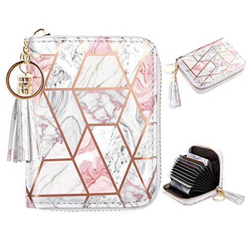 Coco Rossi Leather Credit Card Wallet for Women, RFID Blocking Zipper Cards Holder with Tassel, Pink Marble - Image 2