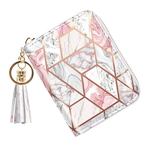 Coco Rossi Leather Credit Card Wallet for Women, RFID Blocking Zipper Cards Holder with Tassel, Pink Marble - Image 4