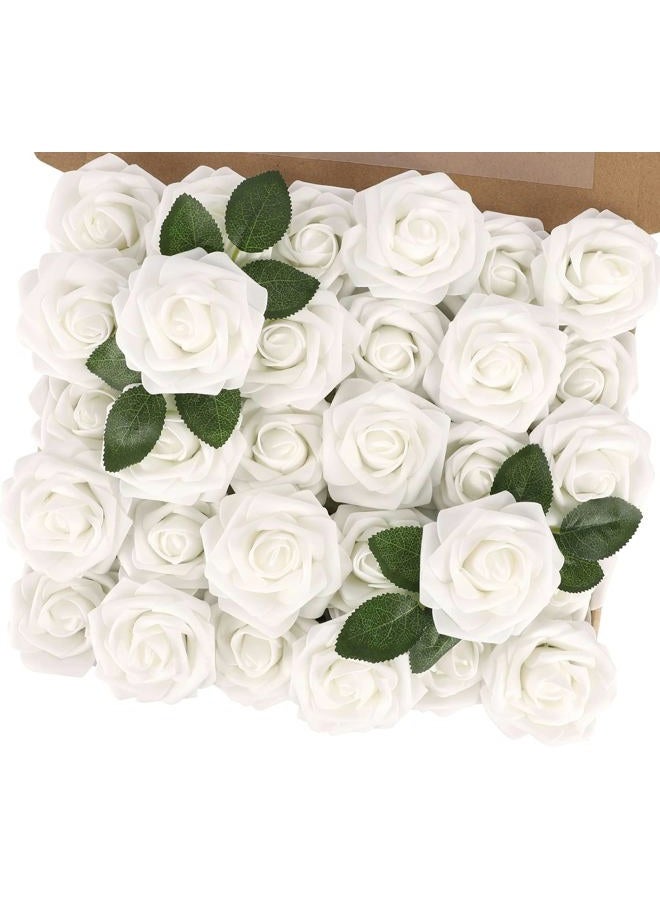 MACTING White Artificial Flower Roses 30PCS Fake Flowers with Stem Real Touch Foam Roses for Wedding Bouquet Arrangements Party Bridal Shower Home Spring Decorations - Image 1