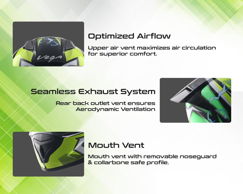 Vega Rapid Flash D/V Full Face Motorcycle Helmet with Spoiler, Extra Smoke Visor, Lightweight Shell, Shock Absorbing Liner, Comfortable Interior, Ventilated Fit, and Trendy Black Neon Yellow Finish Black Neon Yellow-L - Image 5