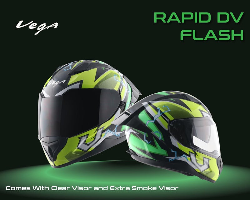 Vega Rapid Flash D/V Full Face Motorcycle Helmet with Spoiler, Extra Smoke Visor, Lightweight Shell, Shock Absorbing Liner, Comfortable Interior, Ventilated Fit, and Trendy Black Neon Yellow Finish Black Neon Yellow-L - Image 3