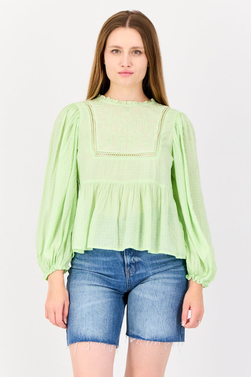 ONLY Women Ruffle Collar Long Sleeve Textured Blouse, Light Green - Image 1