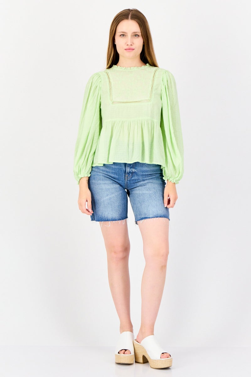 ONLY Women Ruffle Collar Long Sleeve Textured Blouse, Light Green - Image 4