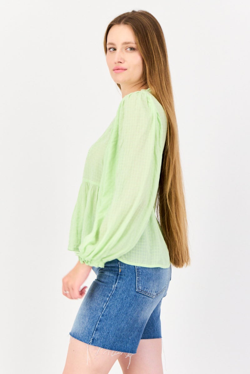ONLY Women Ruffle Collar Long Sleeve Textured Blouse, Light Green - Image 2