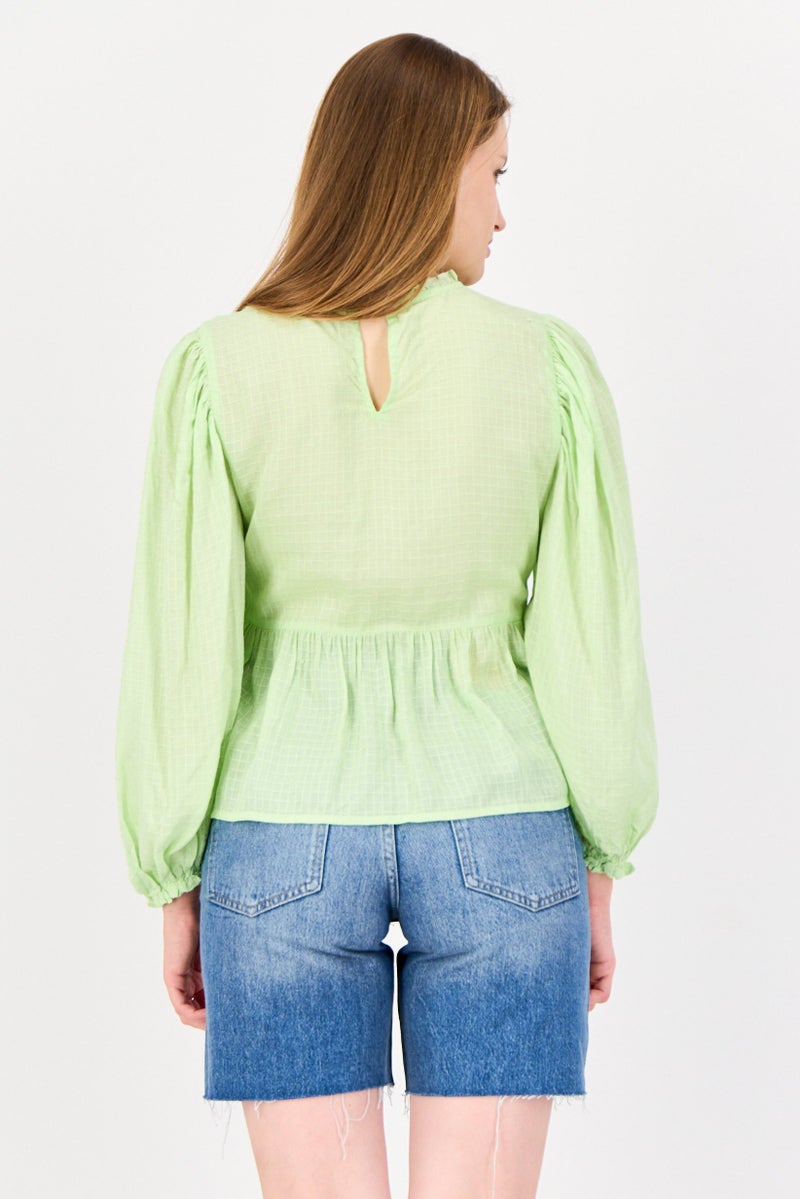 ONLY Women Ruffle Collar Long Sleeve Textured Blouse, Light Green - Image 3