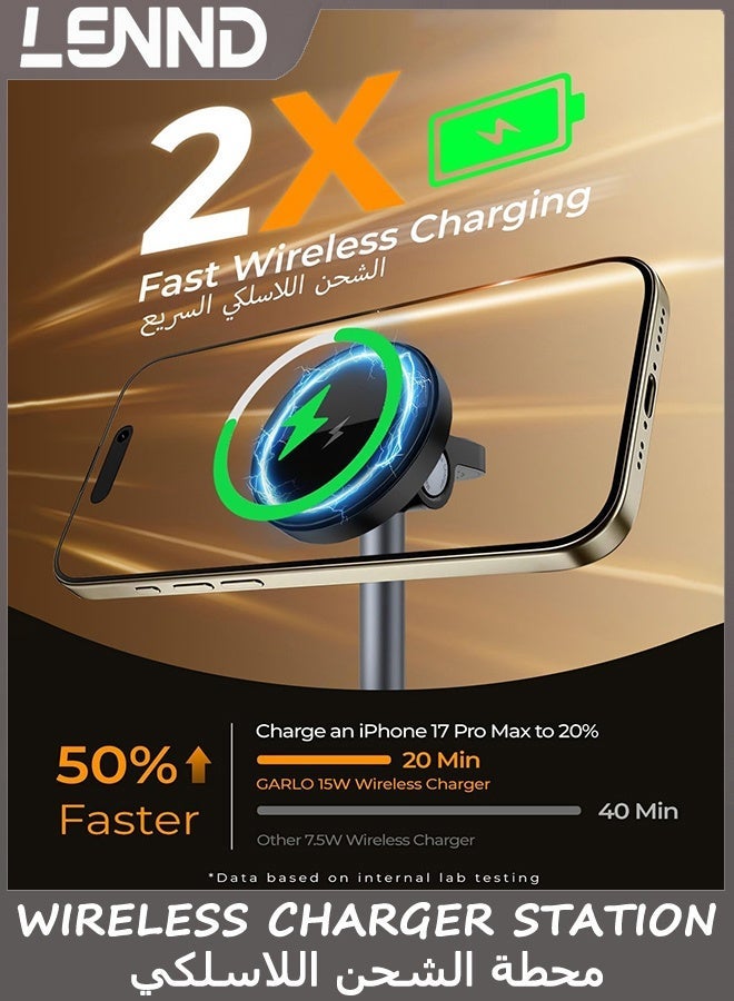 LENND 3 in 1 Wireless Charger Station for Apple iPhone & Airpods & Watch with MagSafe Charger Stand, 15W Magnetic Fast Charging Stand, Wireless Charger Station for Samsung & iPhone 17 16 15 14 13 12 - Image 4