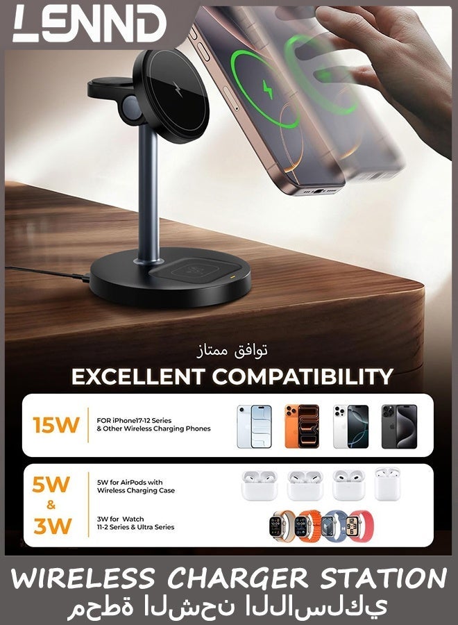 LENND 3 in 1 Wireless Charger Station for Apple iPhone & Airpods & Watch with MagSafe Charger Stand, 15W Magnetic Fast Charging Stand, Wireless Charger Station for Samsung & iPhone 17 16 15 14 13 12 - Image 2