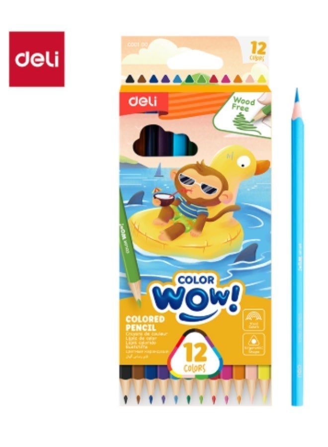 Deli EC00100 COLORUN PS أقلام ملونة مثلثة الشكل مسبقة الشحذ، 12 لون، 12 قطعة/علبة لون، صديقة للبيئة، قبضة مريحة - Image 1