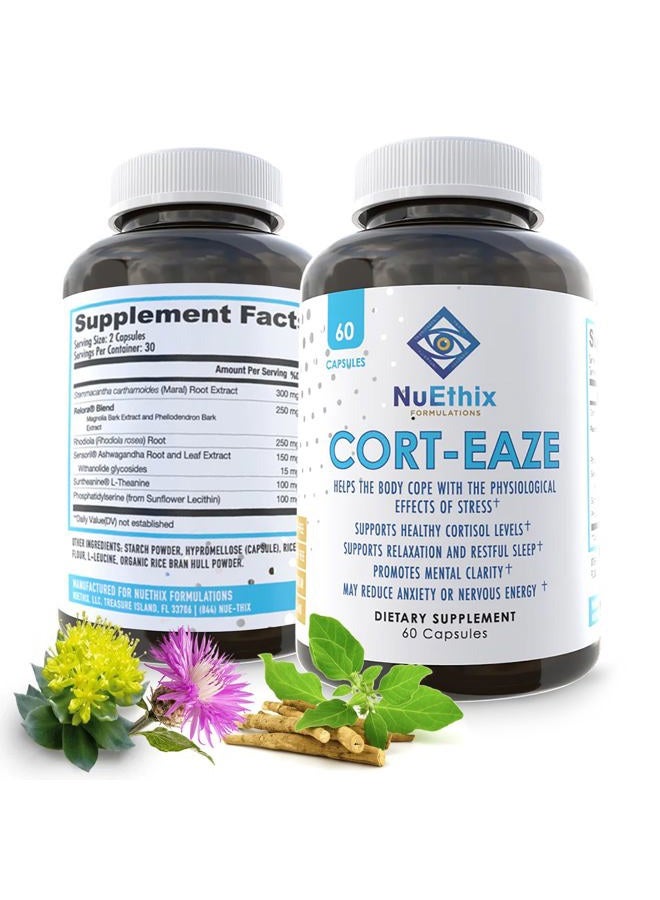 NuEthix Formulations Cort-Eaze - Cortisol Supplement - Health Support Supplement with Ashwagandha, L-Theanine & Rhodiola Rosea - Relaxation and Deep Sleep, 60 Capsules, 30 Servings  - Image 1