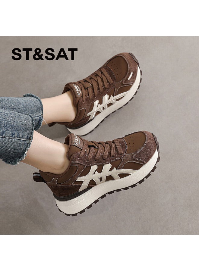 St&sat Versatile Comfortable Thick-soled Fleece-lined High-top Trainer Shoes For Women Autumn Winter Fashion Retro Sports Casual Shoes Brown Size 37 - Image 3