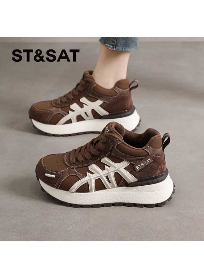 St&sat Versatile Comfortable Thick-soled Fleece-lined High-top Trainer Shoes For Women Autumn Winter Fashion Retro Sports Casual Shoes Brown Size 37 - Image 1