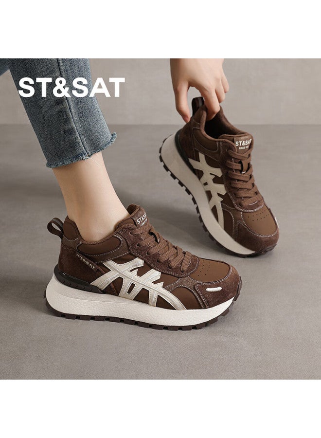 St&sat Versatile Comfortable Thick-soled Fleece-lined High-top Trainer Shoes For Women Autumn Winter Fashion Retro Sports Casual Shoes Brown Size 37 - Image 2