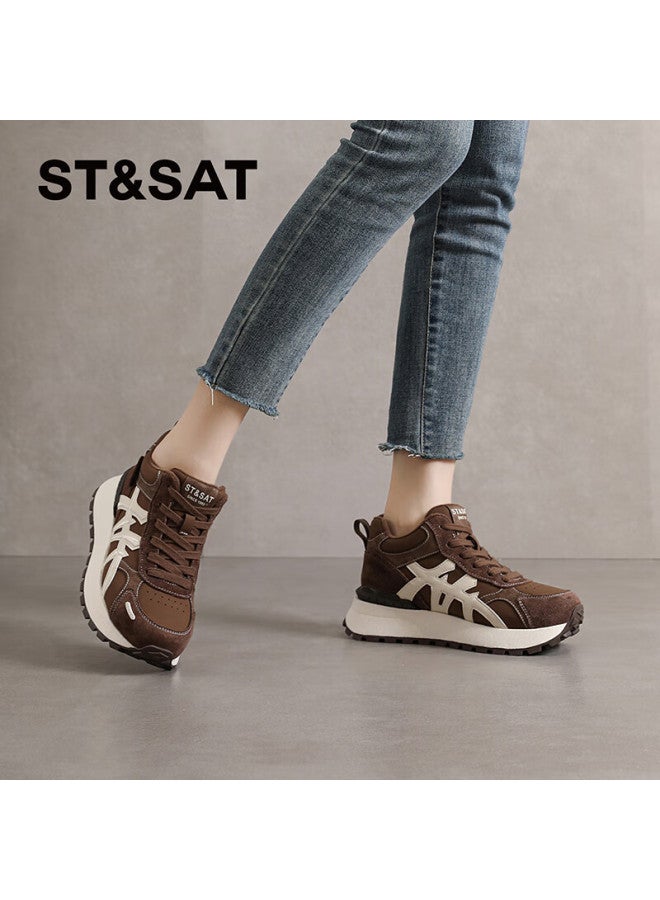 St&sat Versatile Comfortable Thick-soled Fleece-lined High-top Trainer Shoes For Women Autumn Winter Fashion Retro Sports Casual Shoes Brown Size 37 - Image 4