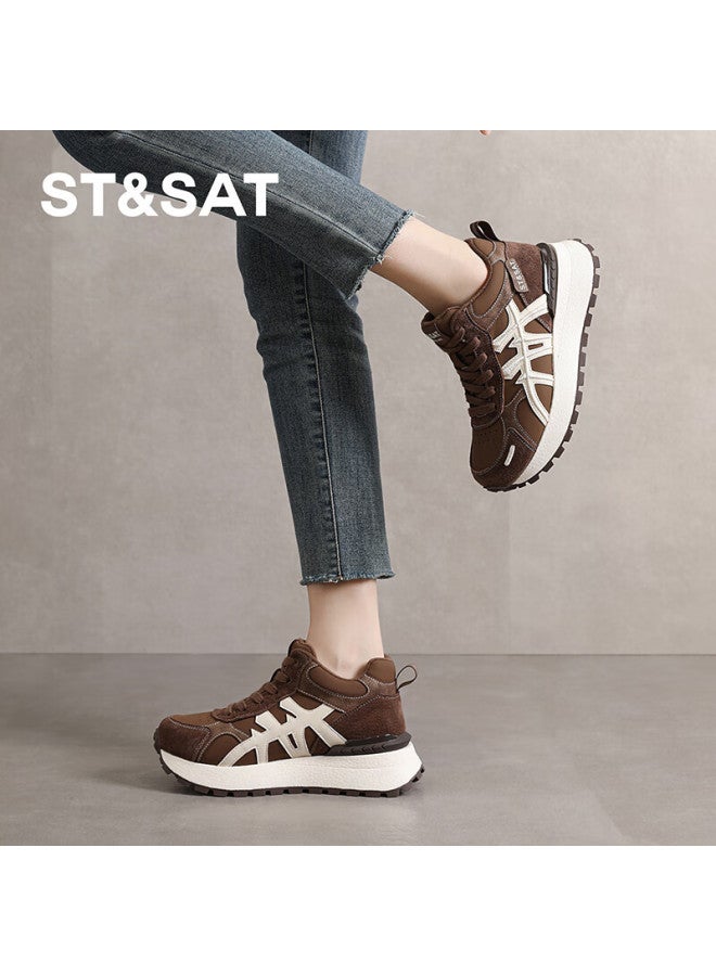 St&sat Versatile Comfortable Thick-soled Fleece-lined High-top Trainer Shoes For Women Autumn Winter Fashion Retro Sports Casual Shoes Brown Size 37 - Image 5