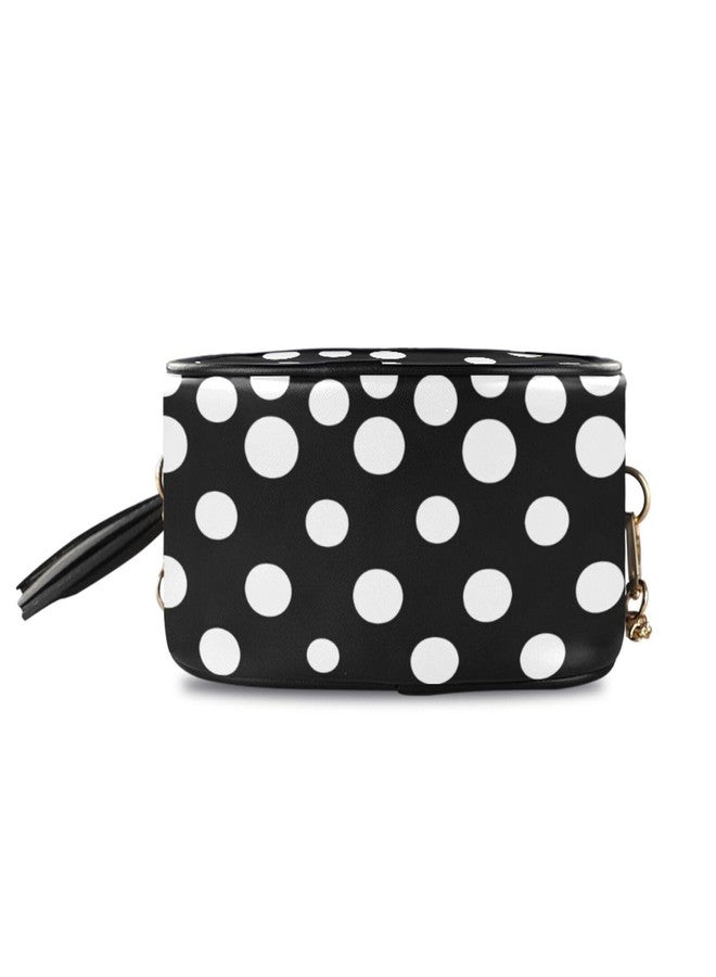 AHOMY Women Round Crossbody Bag Black and White Polka Dot Purse Circle Bag with Tassel - Image 5